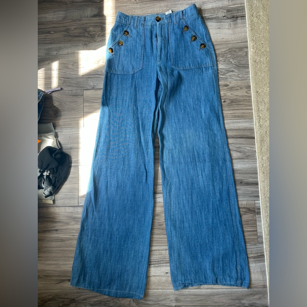 Zara Women’s Wide Leg Denim High Rise Jeans Button Details in Blue Size Small